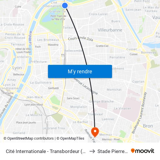 Cité Internationale - Transbordeur (Centre De Congrès) to Stade Pierre Bavozet map