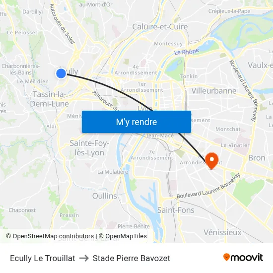 Ecully Le Trouillat to Stade Pierre Bavozet map