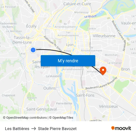 Les Battières to Stade Pierre Bavozet map