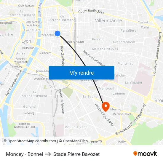 Moncey - Bonnel to Stade Pierre Bavozet map