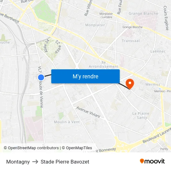 Montagny to Stade Pierre Bavozet map