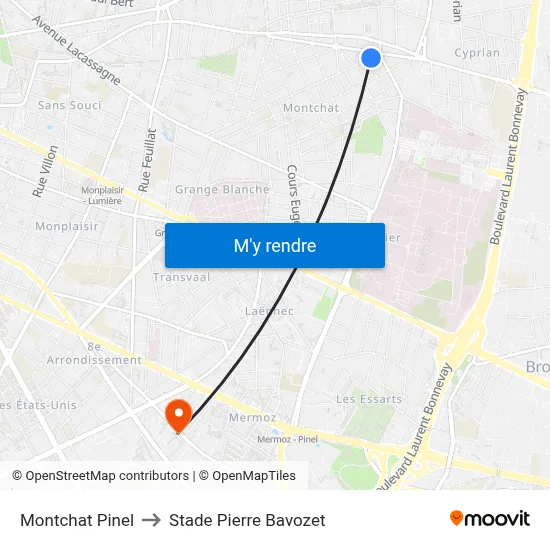 Montchat Pinel to Stade Pierre Bavozet map