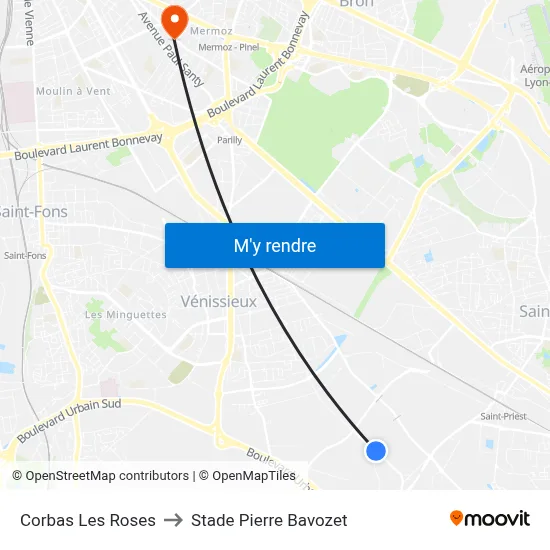 Corbas Les Roses to Stade Pierre Bavozet map