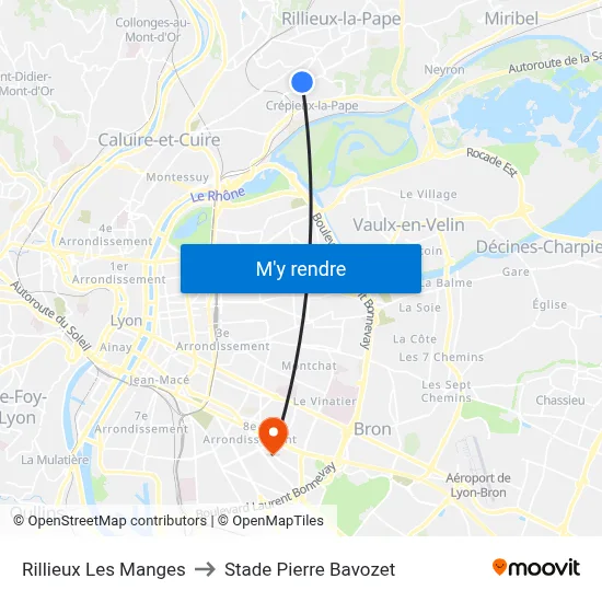 Rillieux Les Manges to Stade Pierre Bavozet map