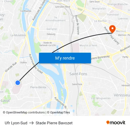 Ufr Lyon-Sud to Stade Pierre Bavozet map