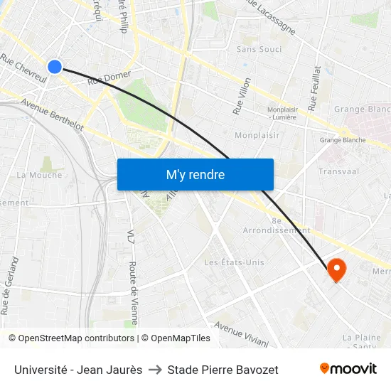 Université - Jean Jaurès to Stade Pierre Bavozet map