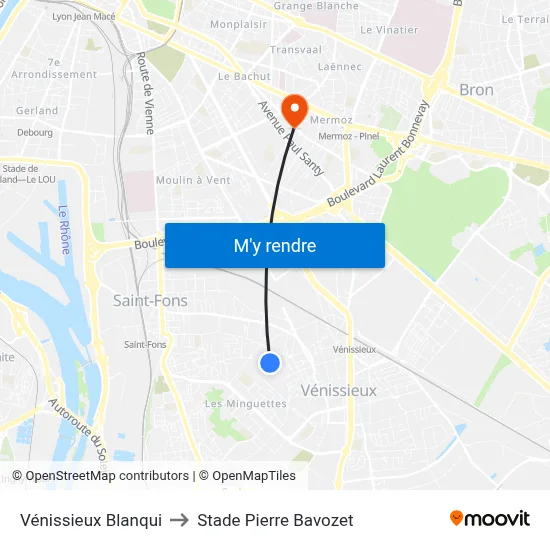 Vénissieux Blanqui to Stade Pierre Bavozet map