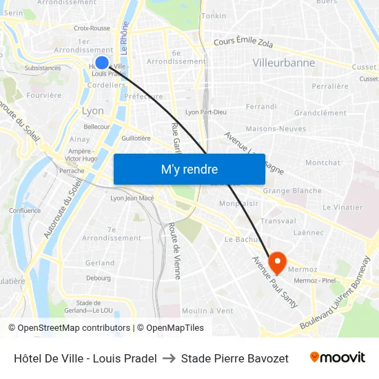 Hôtel De Ville - Louis Pradel to Stade Pierre Bavozet map