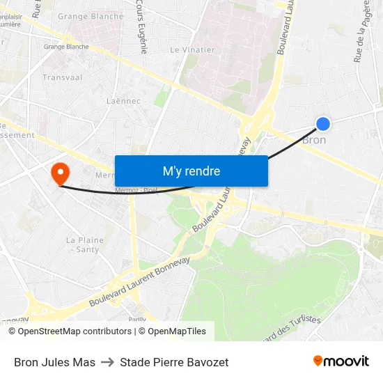 Bron Jules Mas to Stade Pierre Bavozet map