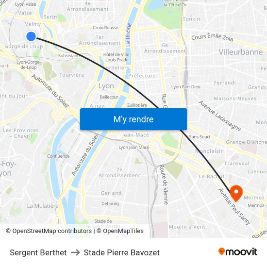 Sergent Berthet to Stade Pierre Bavozet map