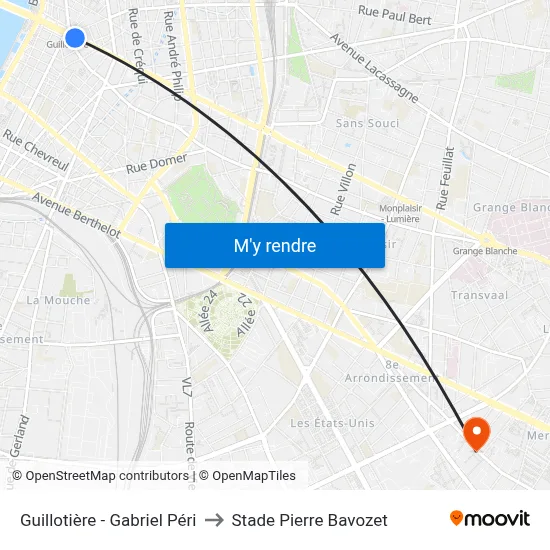 Guillotière - Gabriel Péri to Stade Pierre Bavozet map