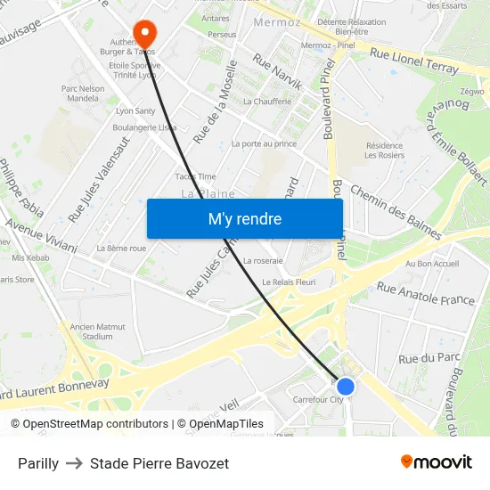 Parilly to Stade Pierre Bavozet map