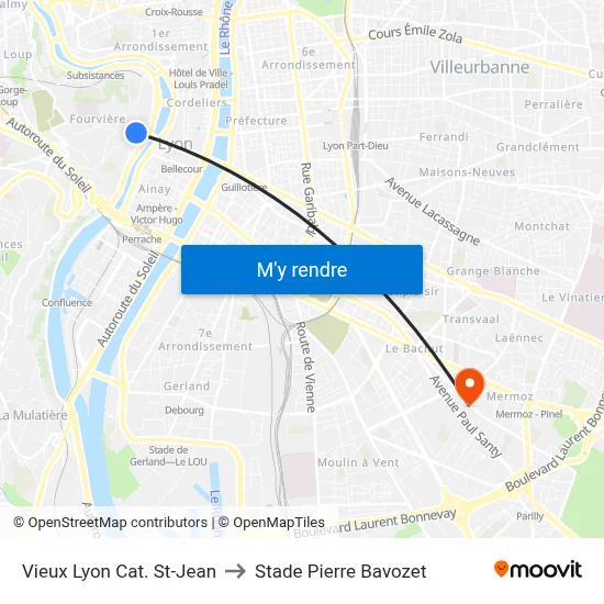 Vieux Lyon Cat. St-Jean to Stade Pierre Bavozet map