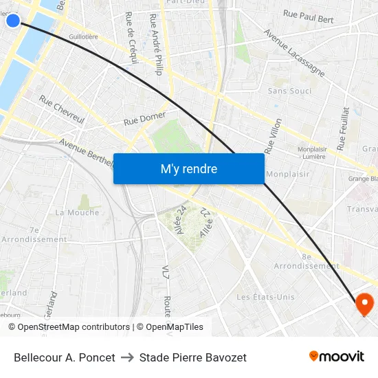 Bellecour A. Poncet to Stade Pierre Bavozet map