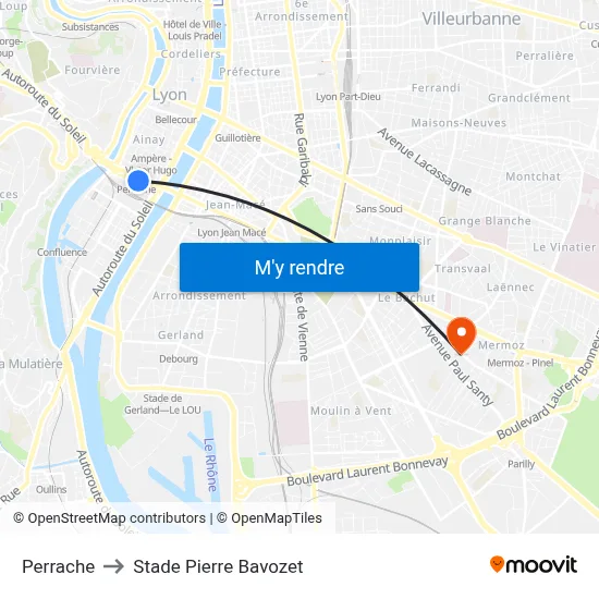 Perrache to Stade Pierre Bavozet map