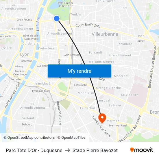 Parc Tête D'Or - Duquesne to Stade Pierre Bavozet map