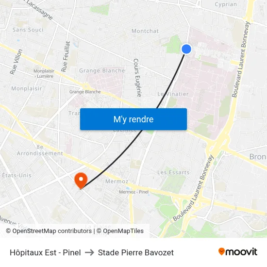 Hôpitaux Est - Pinel to Stade Pierre Bavozet map