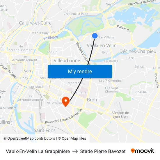 Vaulx-En-Velin La Grappinière to Stade Pierre Bavozet map