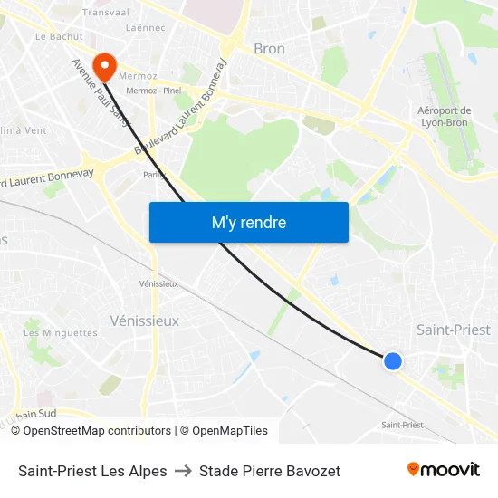 Saint-Priest Les Alpes to Stade Pierre Bavozet map