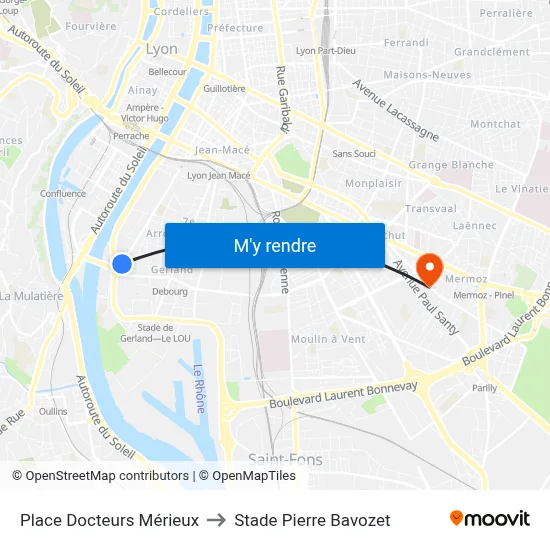 Place Docteurs Mérieux to Stade Pierre Bavozet map