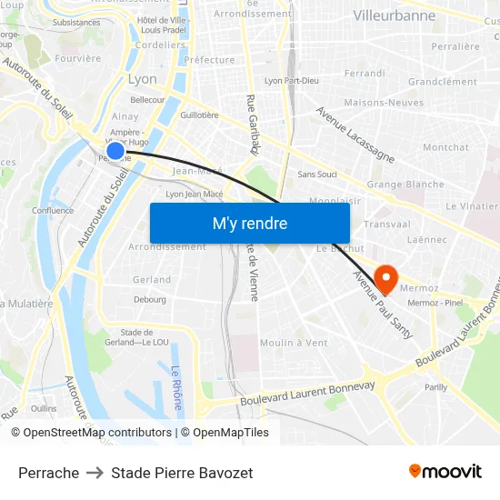 Perrache to Stade Pierre Bavozet map