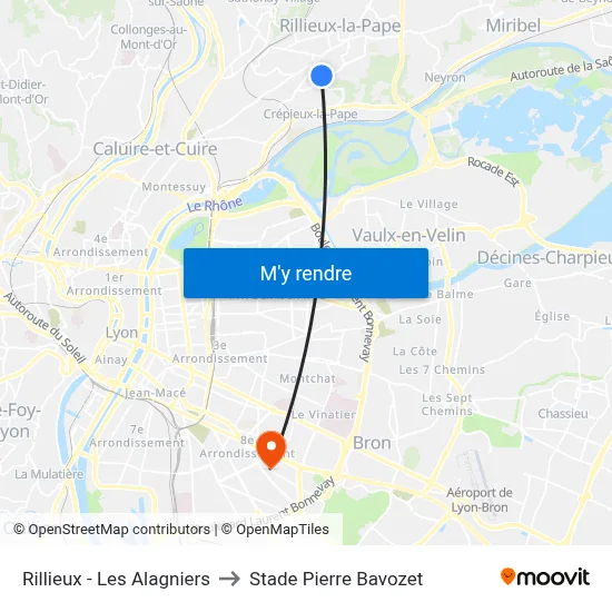 Rillieux - Les Alagniers to Stade Pierre Bavozet map