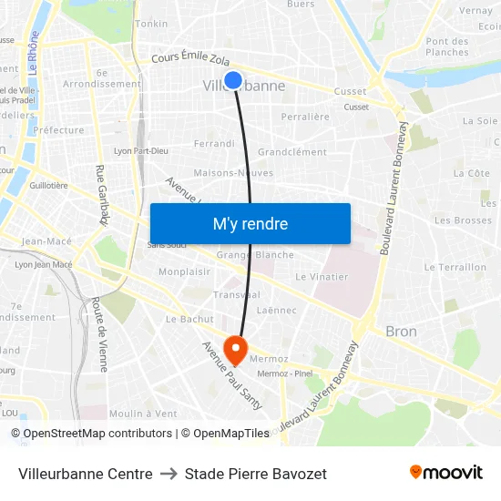 Villeurbanne Centre to Stade Pierre Bavozet map
