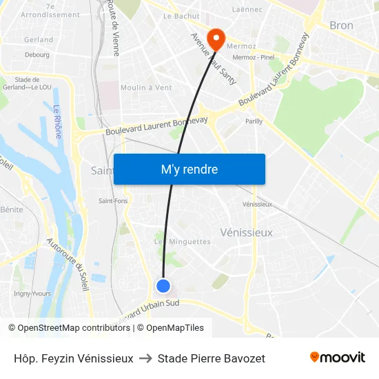 Hôp. Feyzin Vénissieux to Stade Pierre Bavozet map