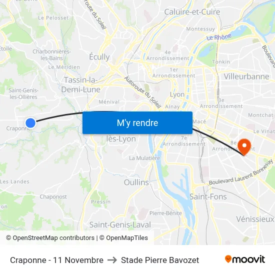 Craponne - 11 Novembre to Stade Pierre Bavozet map