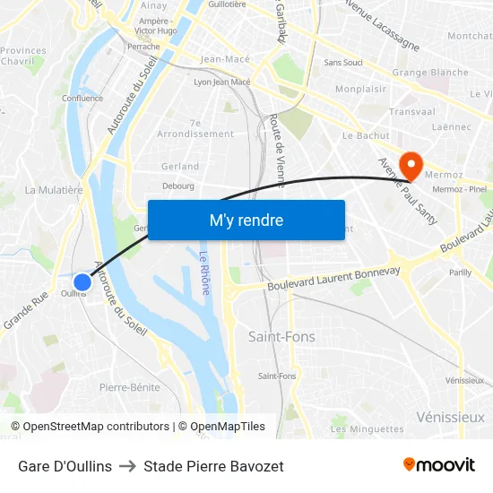 Gare D'Oullins to Stade Pierre Bavozet map