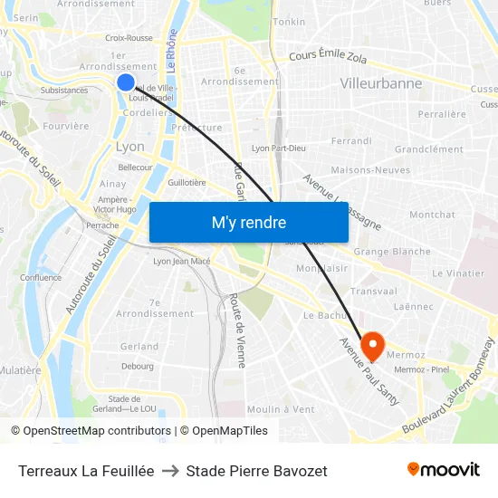 Terreaux La Feuillée to Stade Pierre Bavozet map