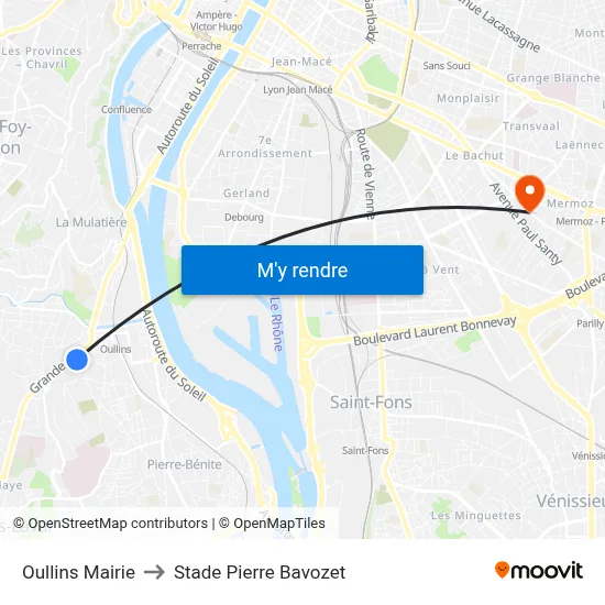 Oullins Mairie to Stade Pierre Bavozet map