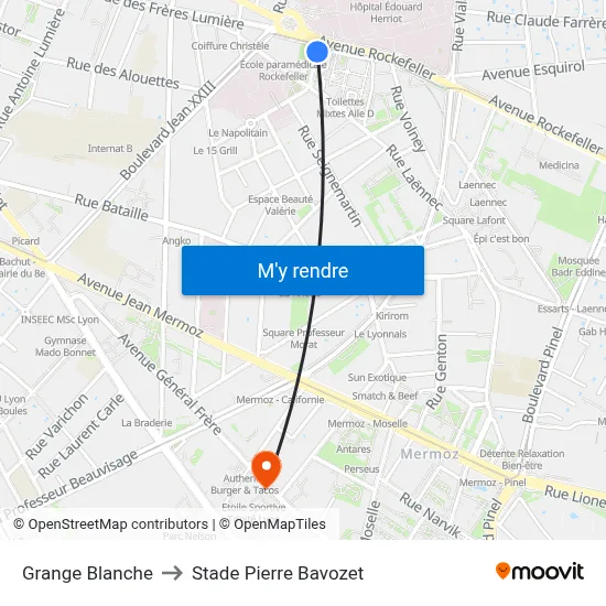 Grange Blanche to Stade Pierre Bavozet map