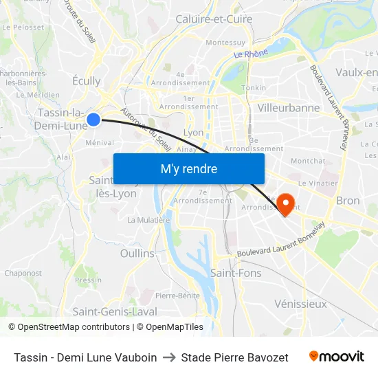 Tassin - Demi Lune Vauboin to Stade Pierre Bavozet map