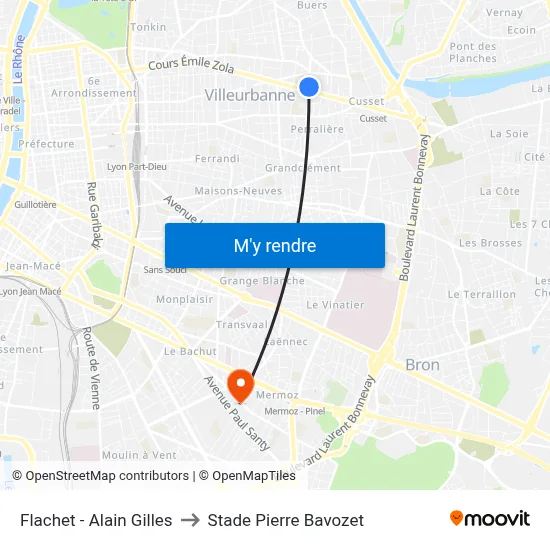 Flachet - Alain Gilles to Stade Pierre Bavozet map