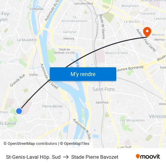 St-Genis-Laval Hôp. Sud to Stade Pierre Bavozet map