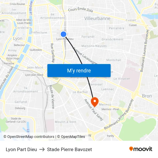 Lyon Part Dieu to Stade Pierre Bavozet map