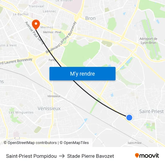 Saint-Priest Pompidou to Stade Pierre Bavozet map