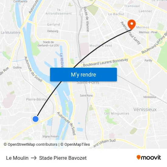 Le Moulin to Stade Pierre Bavozet map
