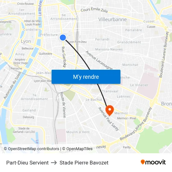 Part-Dieu Servient to Stade Pierre Bavozet map
