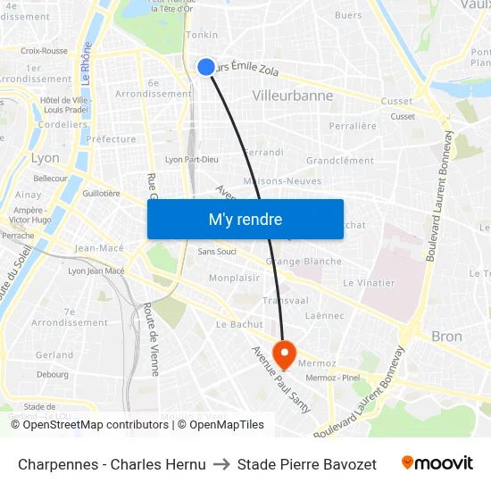 Charpennes - Charles Hernu to Stade Pierre Bavozet map