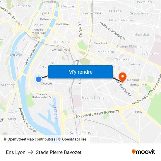 Ens Lyon to Stade Pierre Bavozet map
