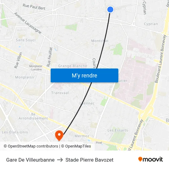 Gare De Villeurbanne to Stade Pierre Bavozet map