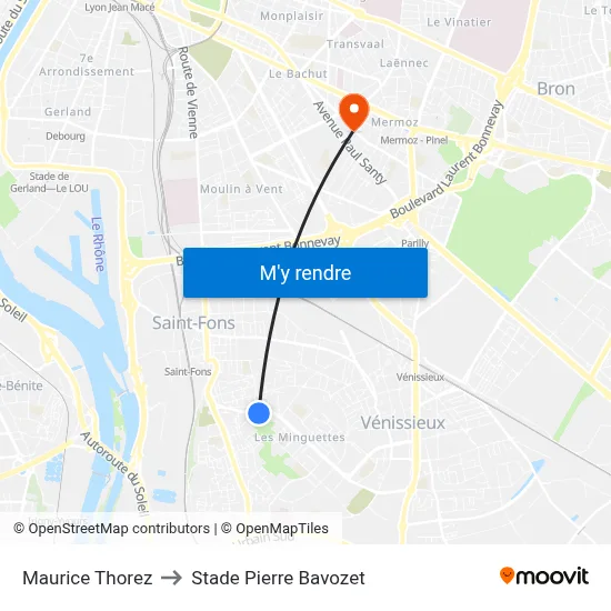 Maurice Thorez to Stade Pierre Bavozet map