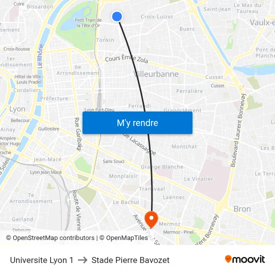 Universite Lyon 1 to Stade Pierre Bavozet map