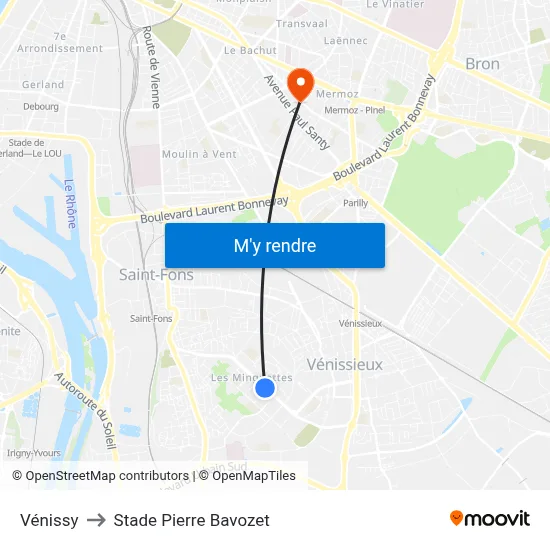 Vénissy to Stade Pierre Bavozet map