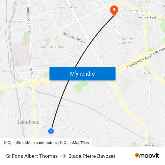 St Fons Albert Thomas to Stade Pierre Bavozet map