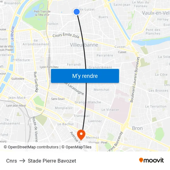 Cnrs to Stade Pierre Bavozet map
