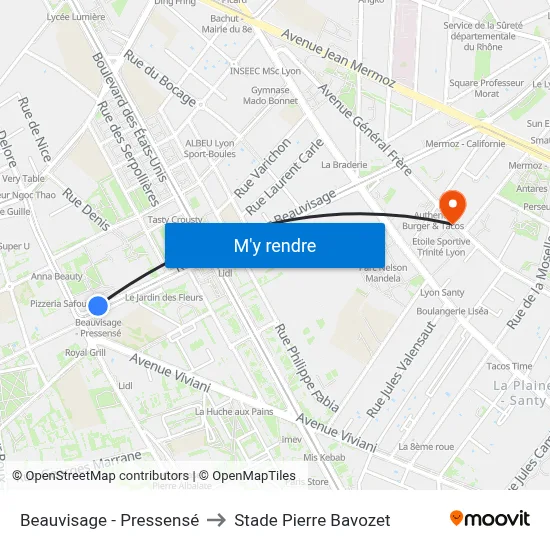 Beauvisage - Pressensé to Stade Pierre Bavozet map