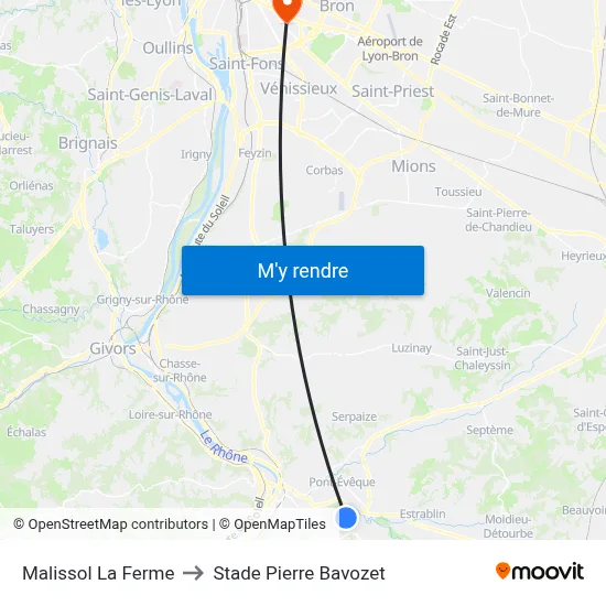 Malissol La Ferme to Stade Pierre Bavozet map